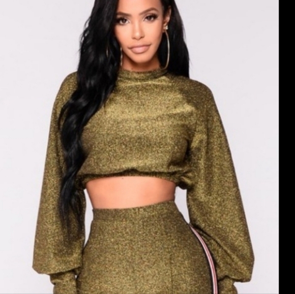 Fashion Nova gold long puff sleeves‎ glittery crop top women's large - Picture 14 of 16